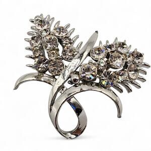 Vintage Rhinestone Floral Spray Brooch Mid-Century Mod Silver Tone Cocktail Pin